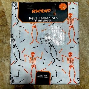 BNIP Halloween PEVA Flannelback Tablecloth Dancing Skeletons Bones White 52x70